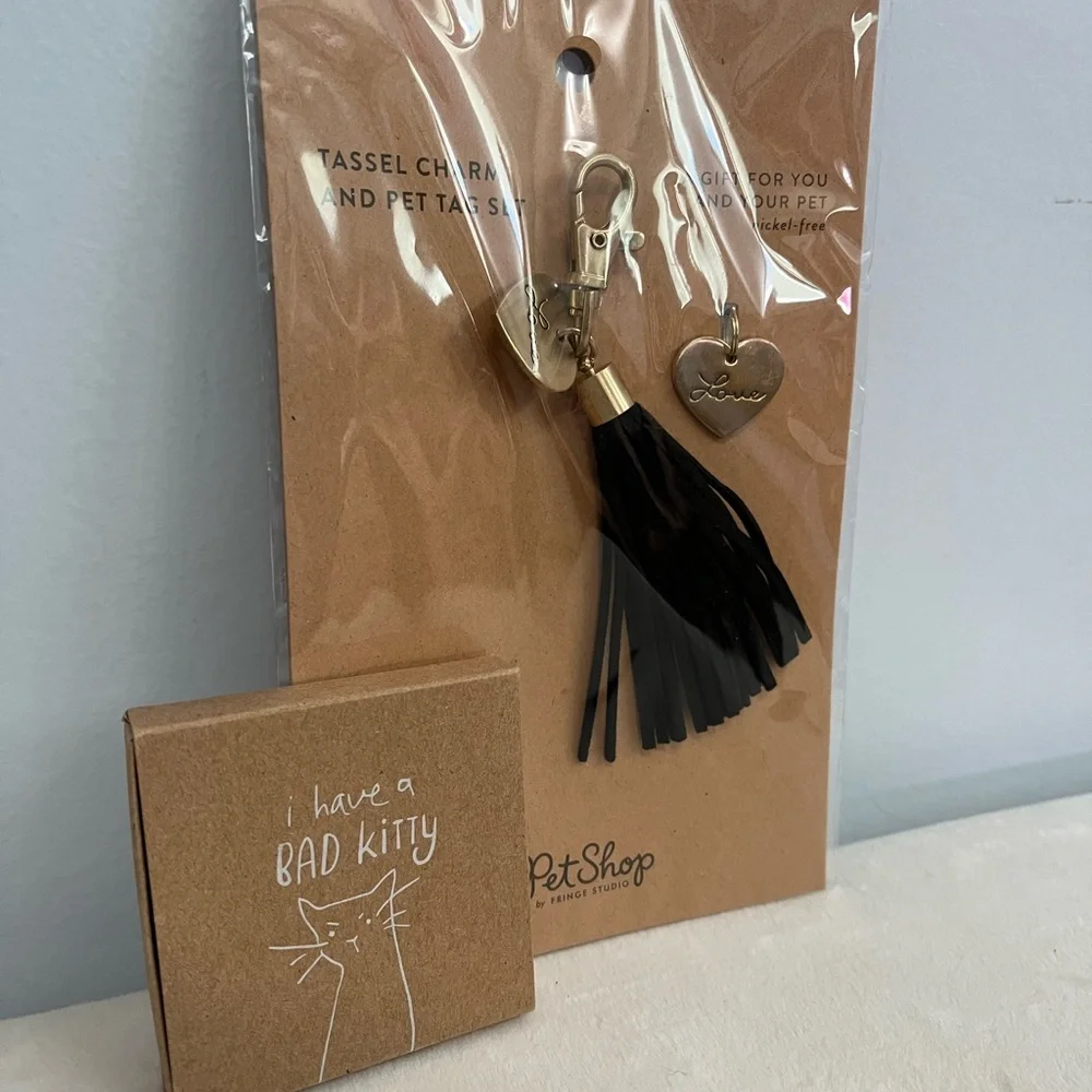 Fringe Studio Tassel Charm & Pet Tag Set With Decorative“I have a bad kitty”Tray